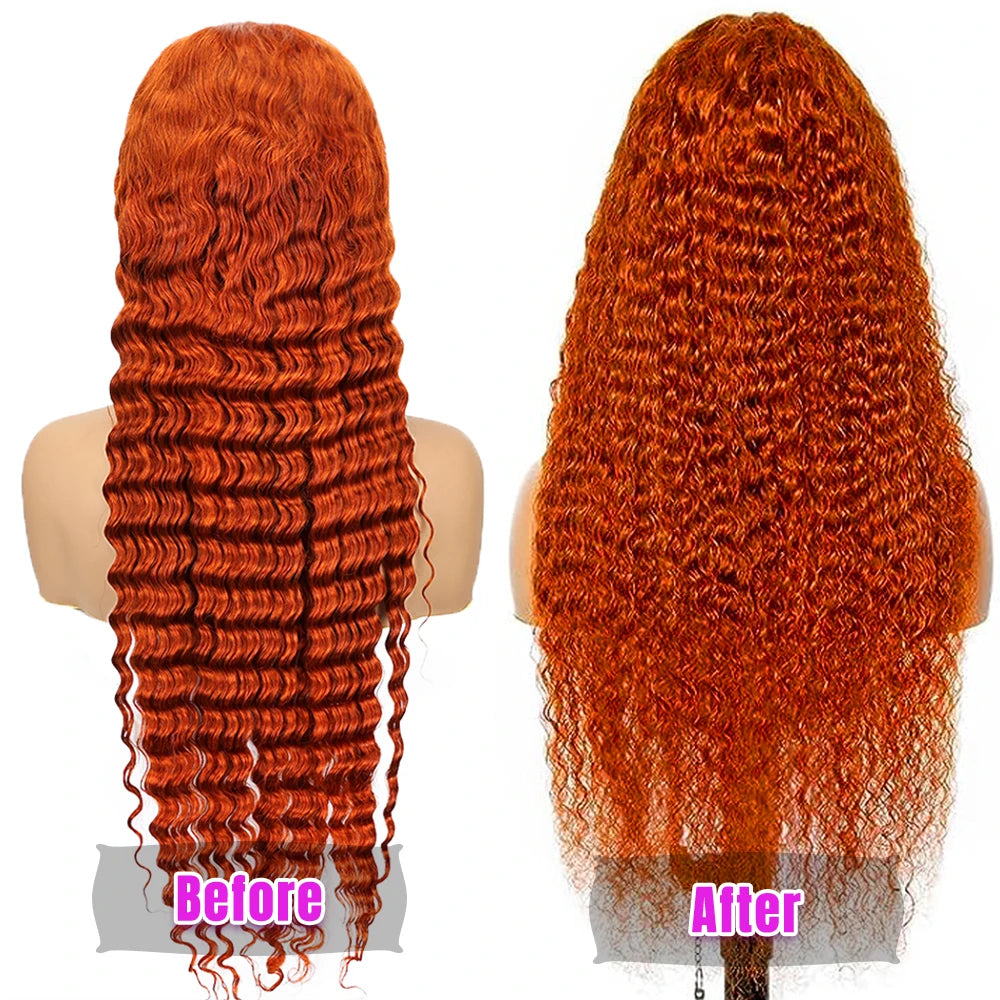Ginger Orange Deep Wave Loose Curly Human Hair Orange Brazilian Wig 180% 200% Density Lace Front Wig