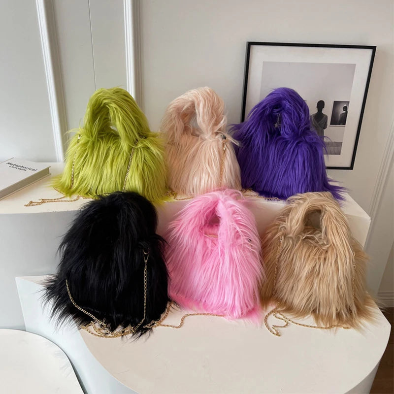 Fuzzy Faux Fur Shoulder Bag Tote Womans Plush Crossbody Handbag With Chain