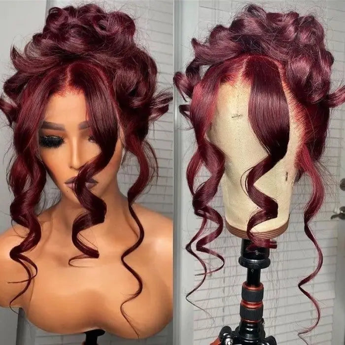 🔥99J Pre Plucked Human Hair Body Wave Burgundy Colored Brazilian Lace Front Wig