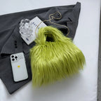 Fuzzy Faux Fur Shoulder Bag Tote Womans Plush Crossbody Handbag With Chain