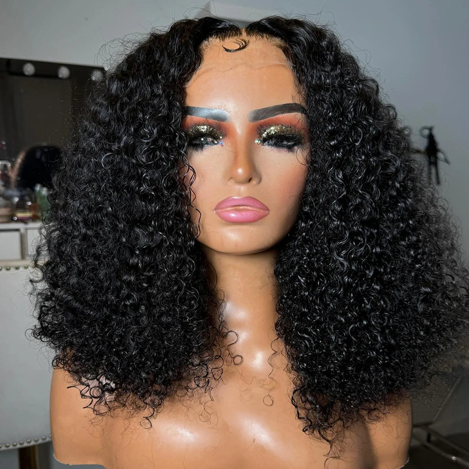 Deep Wave Natural Short Bob 13x4 180% Density Human Black Hair Lace Front Curly Wig Unit
