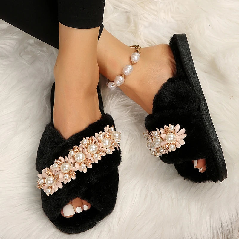 Pearl Flower Decorated Woman Indoor Comfortable Warm Fashion Fluffy Shoes