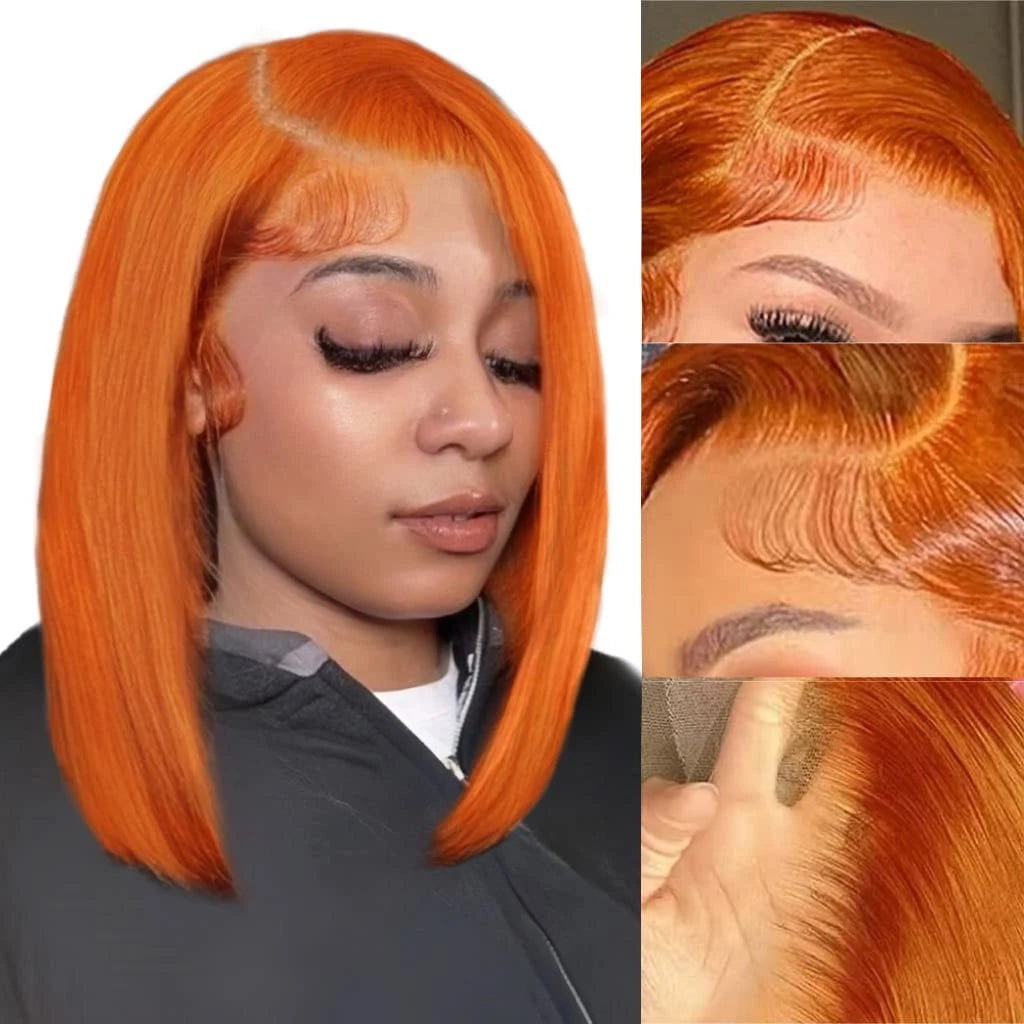 Ginger Orange Brazilian Bob Wig Bone Straight 180% 150% Density 13x4 Human Hair HD Lace Front Wig