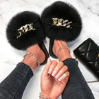 Fox Fur Slippers Plush Trending Gold Chain Furry Woman Cute Indoor Slipper Slides