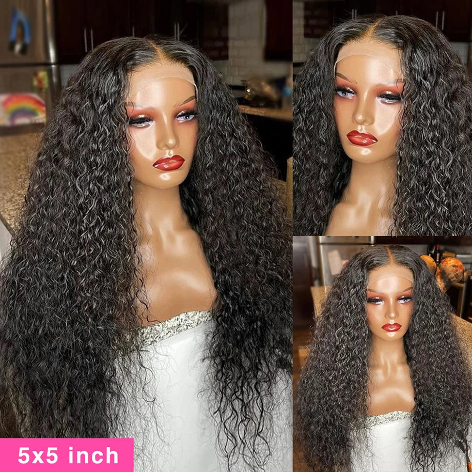 🔥Water Wave Black 13x4 13x6 5x5 HD Lace wig Human Hair 180% Density Curly Wig For Women