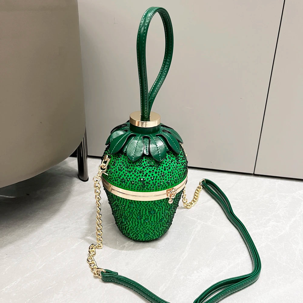 Cute Straberry Rhinestone Womans Clutch Purse Bucket Shoulder Bag