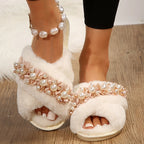 Pearl Flower Decorated Woman Indoor Comfortable Warm Fashion Fluffy Shoes