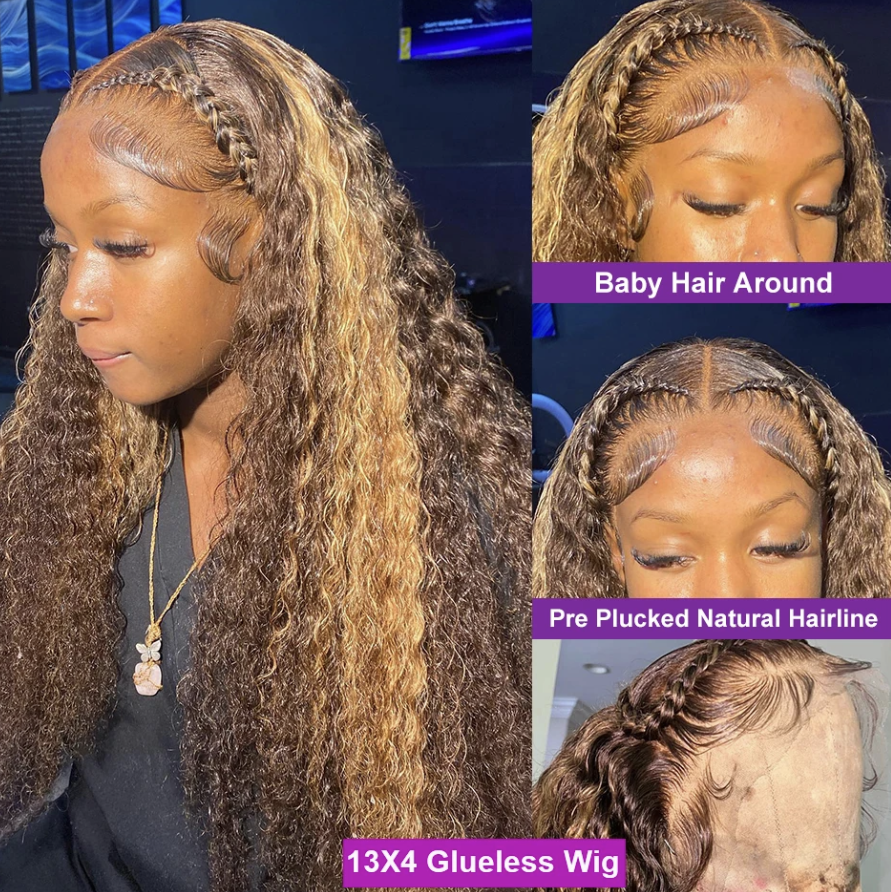Highlight Deep Wave Colored Human Hair wig 13x4 7x5 pre plucked Glueless wig 180% Density