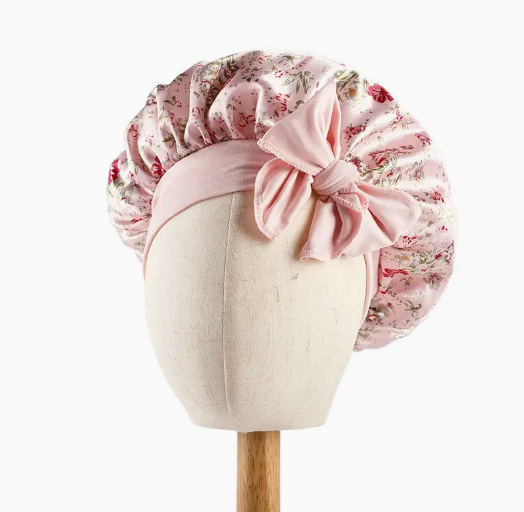 kids Flower Bonnet With Bow Tie For kids Curly Hair Silky Girls Head Cap