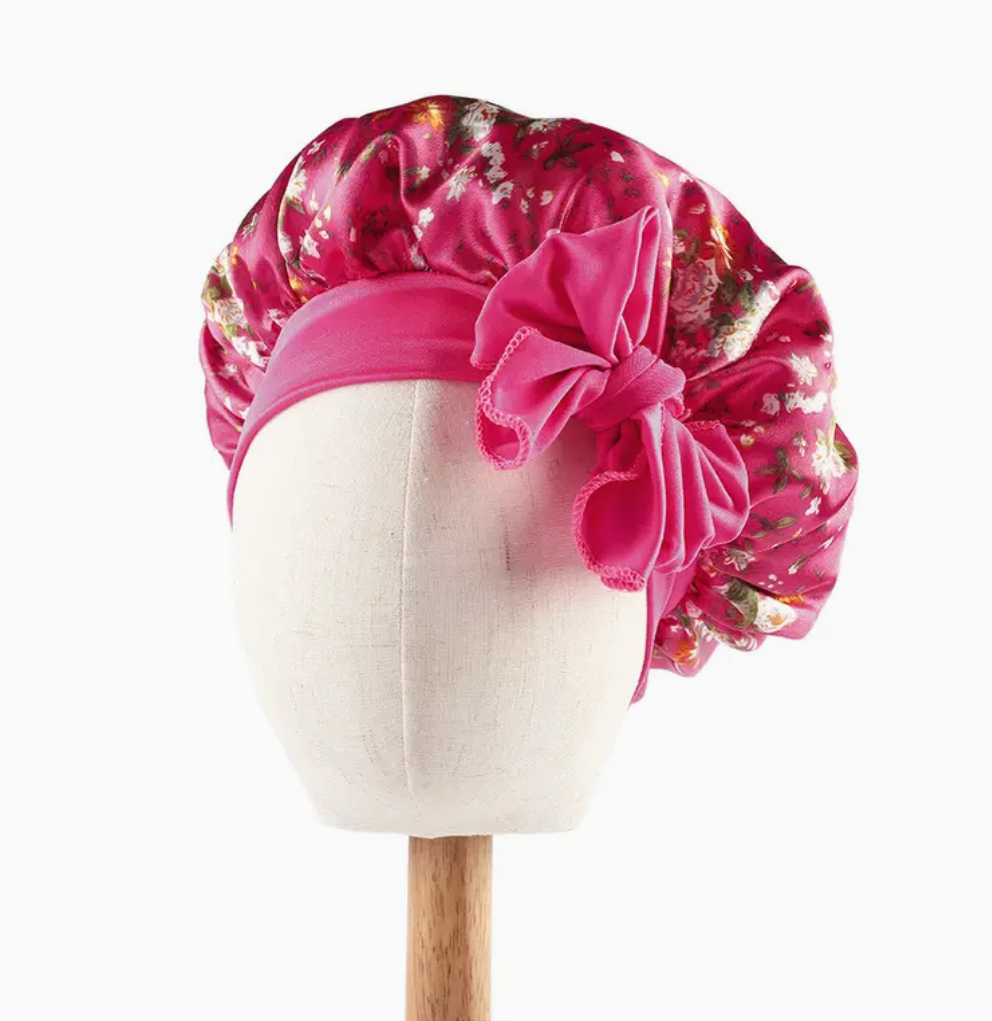 kids Flower Bonnet With Bow Tie For kids Curly Hair Silky Girls Head Cap