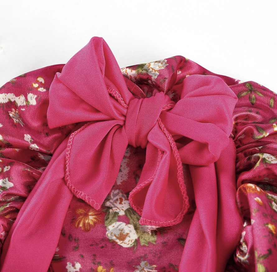 kids Flower Bonnet With Bow Tie For kids Curly Hair Silky Girls Head Cap