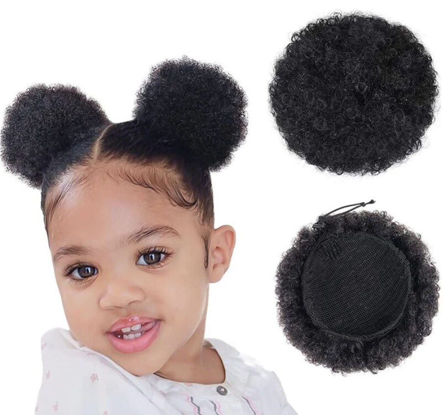 4 Inch Kinky Curly Natural Hair Kids Puff Hair Extension Drawstring 1B Ponytail