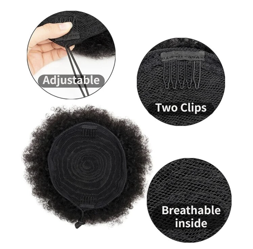 4 Inch Kinky Curly Natural Hair Kids Puff Hair Extension Drawstring 1B Ponytail