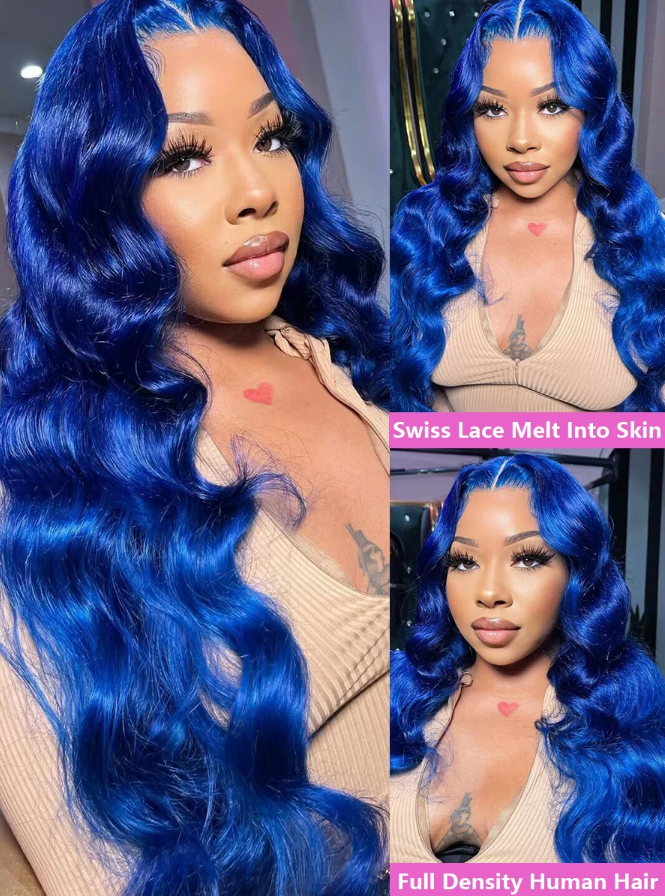 Blue Body wave Straight Brazilian Human Hair Wig Pre Plucked 13x4 Closure 180% Density Lace Front Wig