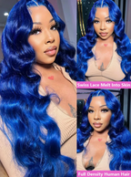 Blue Body wave Straight Brazilian Human Hair Wig Pre Plucked 13x4 Closure 180% Density Lace Front Wig