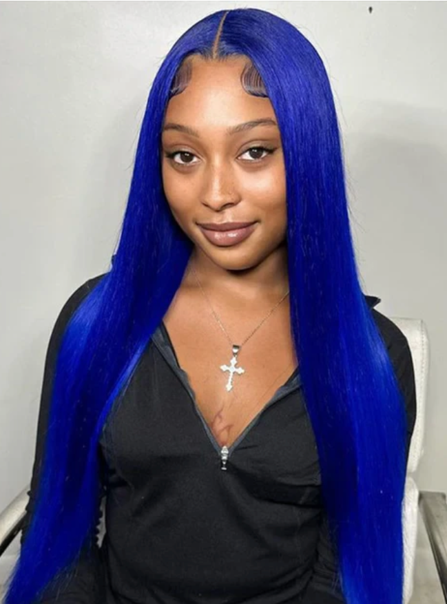 Blue Body wave Straight Brazilian Human Hair Wig Pre Plucked 13x4 Closure 180% Density Lace Front Wig