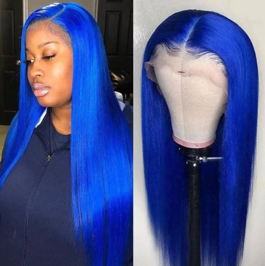 Blue Body wave Straight Brazilian Human Hair Wig Pre Plucked 13x4 Closure 180% Density Lace Front Wig