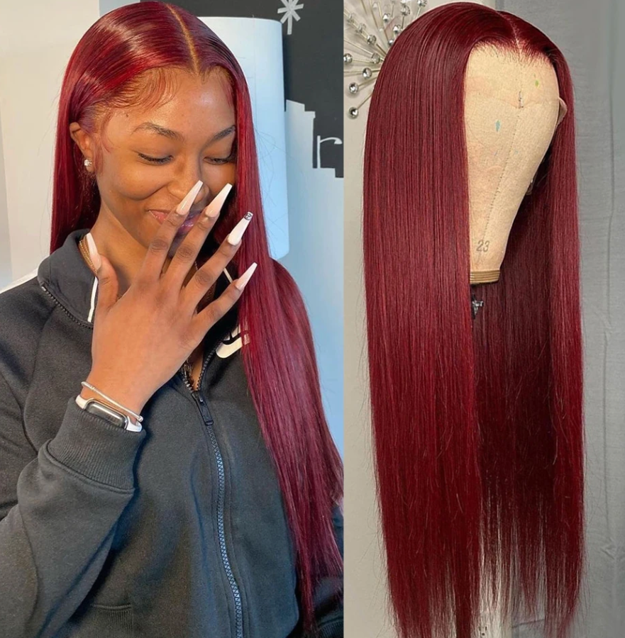 Burgundy 99j Colored Straight HD Transparent Human Hair 180% 200% Density Wig