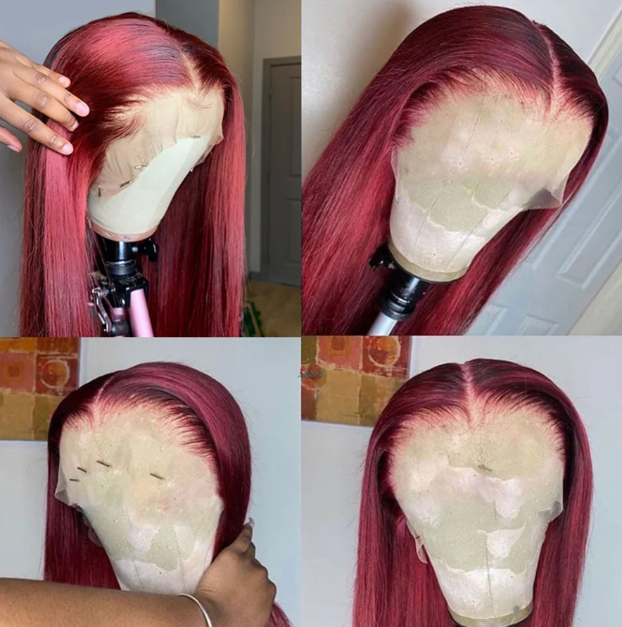 Burgundy 99j Colored Straight HD Transparent Human Hair 180% 200% Density Wig