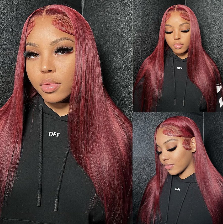 Burgundy 99j Colored Straight HD Transparent Human Hair 180% 200% Density Wig