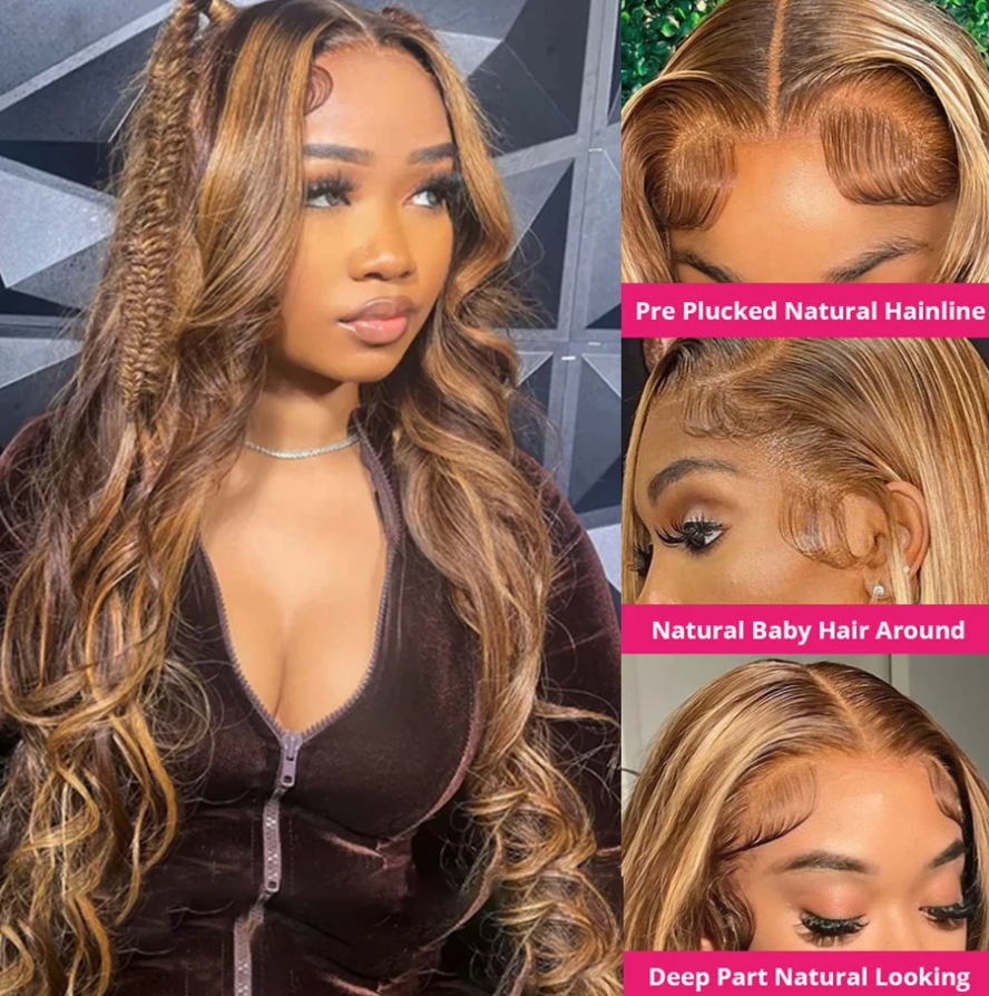 Honey Blond Highlight Body Wave Brazilian Hair 150% 180% Density Human Hair Wig