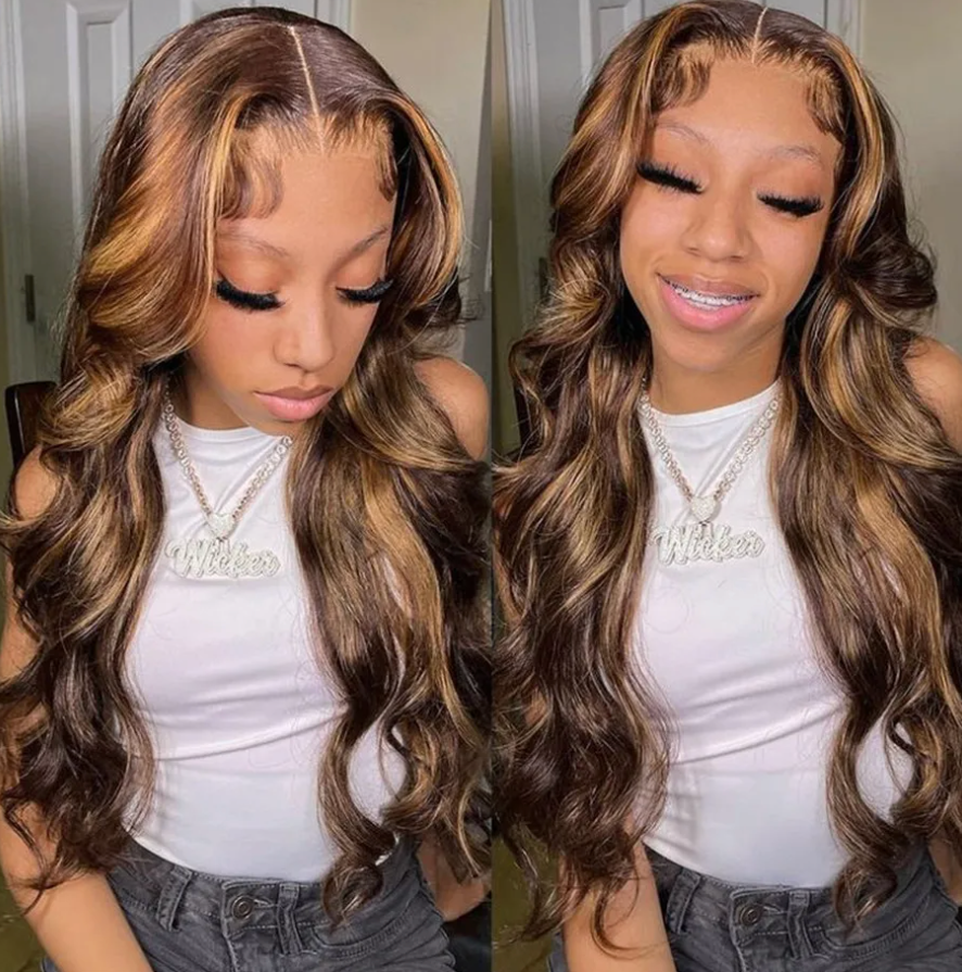 Honey Blond Highlight Body Wave Brazilian Hair 150% 180% Density Human Hair Wig