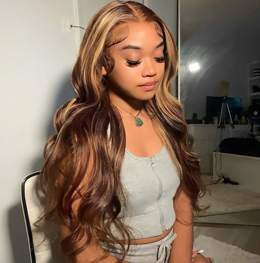 Honey Blond Highlight Body Wave Brazilian Hair 150% 180% Density Human Hair Wig