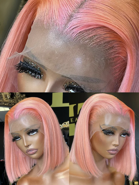 Light Pink Human Hair 13x4 HD Lace Closure Glueless Pre Plucked Bob Wig