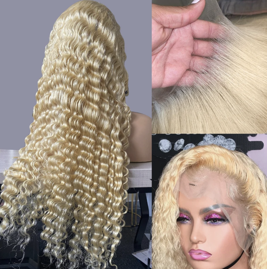 Deep Wave Blond Colored 180% Density Human Hair Lace Front Wig