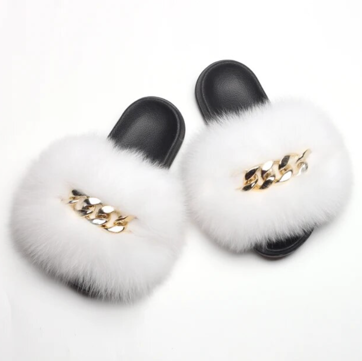 Fox Fur Slippers Plush Trending Gold Chain Furry Woman Cute Indoor Slipper Slides