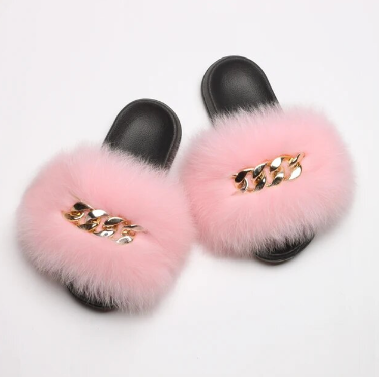 Fox Fur Slippers Plush Trending Gold Chain Furry Woman Cute Indoor Slipper Slides