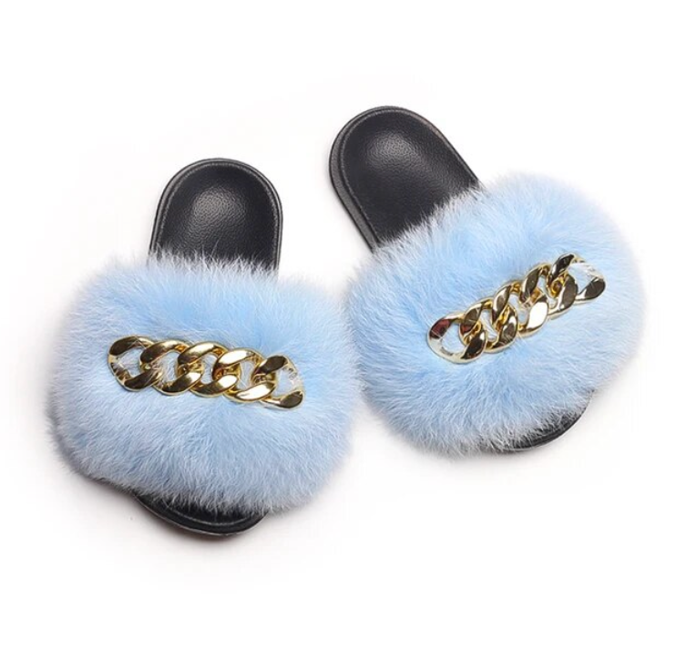 Fox Fur Slippers Plush Trending Gold Chain Furry Woman Cute Indoor Slipper Slides