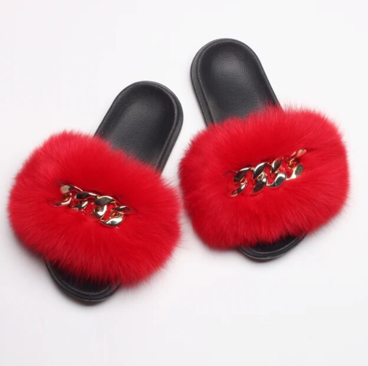 Fox Fur Slippers Plush Trending Gold Chain Furry Woman Cute Indoor Slipper Slides