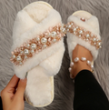 Pearl Flower Decorated Woman Indoor Comfortable Warm Fashion Fluffy Shoes
