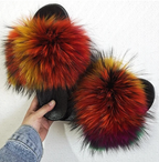 Trending Woman Fluffy Faux Fox Fur Indoor Slipper Fashion Slides For Girls