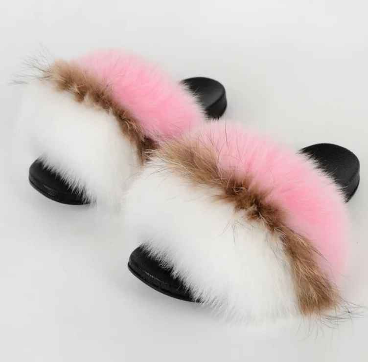 Trending Woman Fluffy Faux Fox Fur Indoor Slipper Fashion Slides For Girls