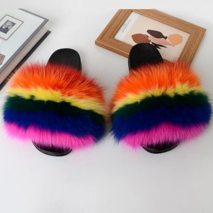 Trending Woman Fluffy Faux Fox Fur Indoor Slipper Fashion Slides For Girls