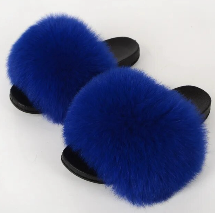 Trending Woman Fluffy Faux Fox Fur Indoor Slipper Fashion Slides For Girls