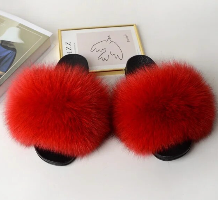 Trending Woman Fluffy Faux Fox Fur Indoor Slipper Fashion Slides For Girls