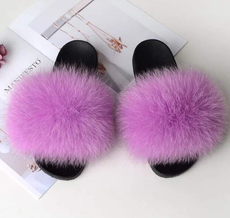 Trending Woman Fluffy Faux Fox Fur Indoor Slipper Fashion Slides For Girls