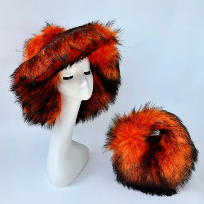 Womans Fashion Plush Faux Fur Trending Winter Rabbit Fur Oversized Fishermans Hat And Bag Set
