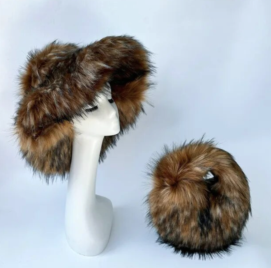 Womans Fashion Plush Faux Fur Trending Winter Rabbit Fur Oversized Fishermans Hat And Bag Set