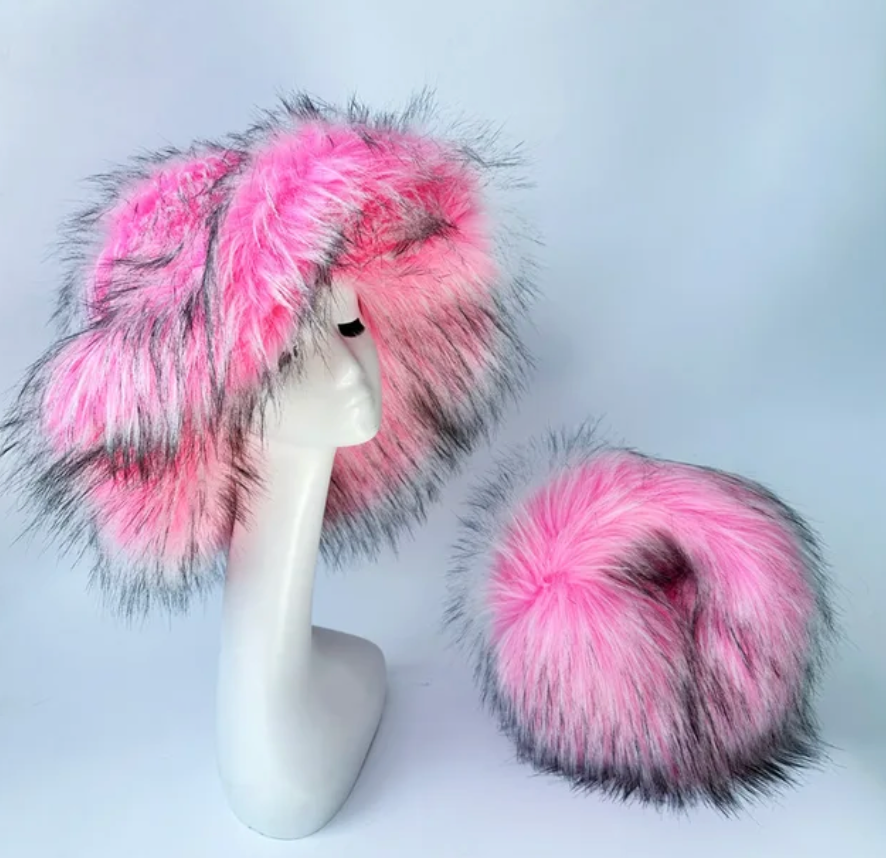Womans Fashion Plush Faux Fur Trending Winter Rabbit Fur Oversized Fishermans Hat And Bag Set