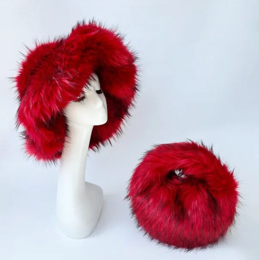 Womans Fashion Plush Faux Fur Trending Winter Rabbit Fur Oversized Fishermans Hat And Bag Set