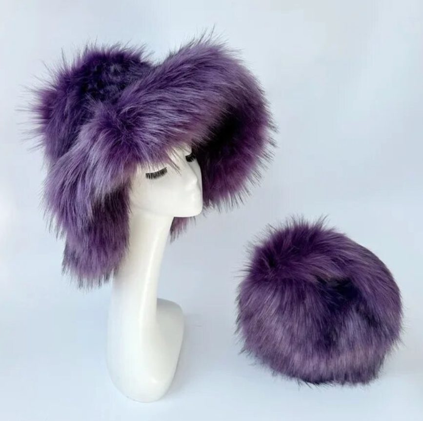 Womans Fashion Plush Faux Fur Trending Winter Rabbit Fur Oversized Fishermans Hat And Bag Set