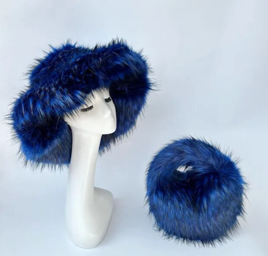Womans Fashion Plush Faux Fur Trending Winter Rabbit Fur Oversized Fishermans Hat And Bag Set