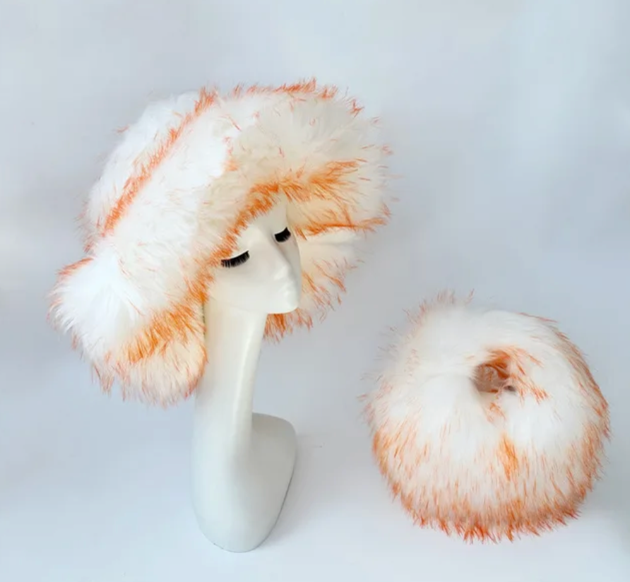 Womans Fashion Plush Faux Fur Trending Winter Rabbit Fur Oversized Fishermans Hat And Bag Set