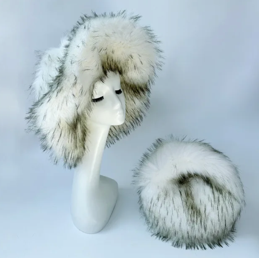 Womans Fashion Plush Faux Fur Trending Winter Rabbit Fur Oversized Fishermans Hat And Bag Set