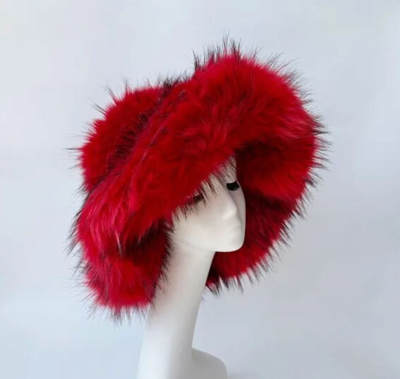 Womans Fashion Plush Faux Fur Trending Winter Rabbit Fur Oversized Fishermans Hat And Bag Set