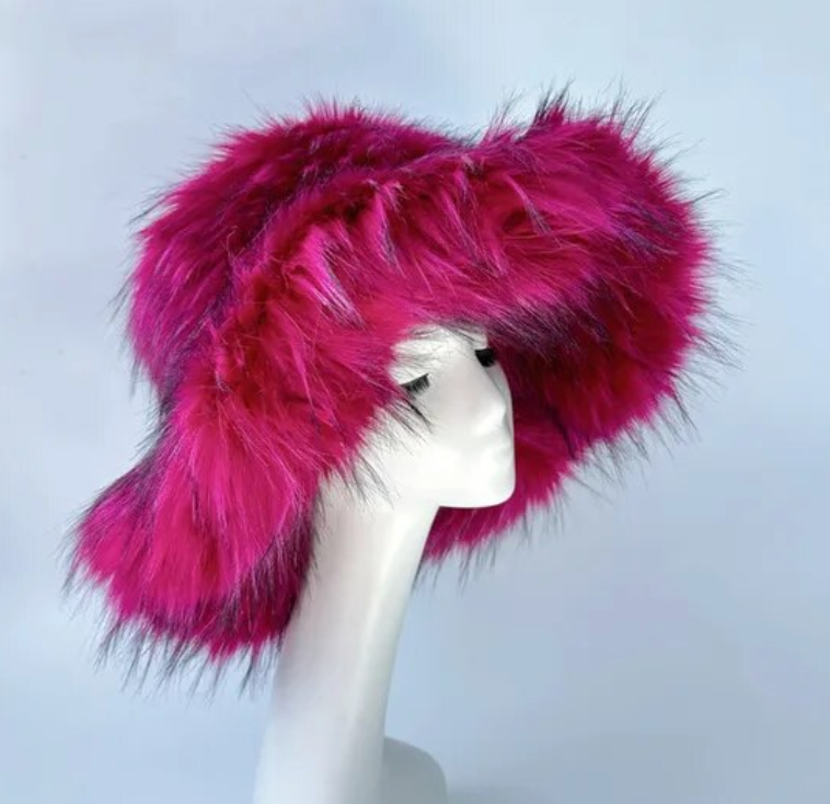 Womans Fashion Plush Faux Fur Trending Winter Rabbit Fur Oversized Fishermans Hat And Bag Set